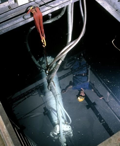 Worker looks at a WIMP detector in a pool of water
