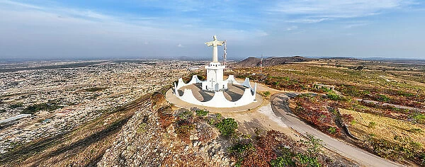 Aerial of the Christ the King Statue, overlooking Lubango, Angola, Africa