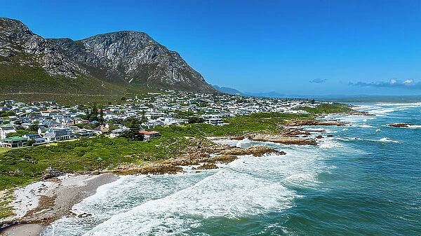 Aerial of Hermanus and its white beaches, Western Cape Province, South Africa, Africa