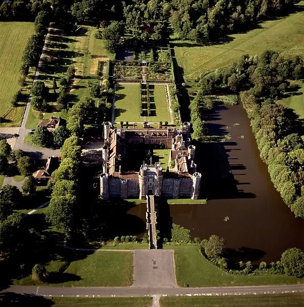 Aerial image of Herstmonceux Castle, a brick-built Tudor castle near Herstmonceux