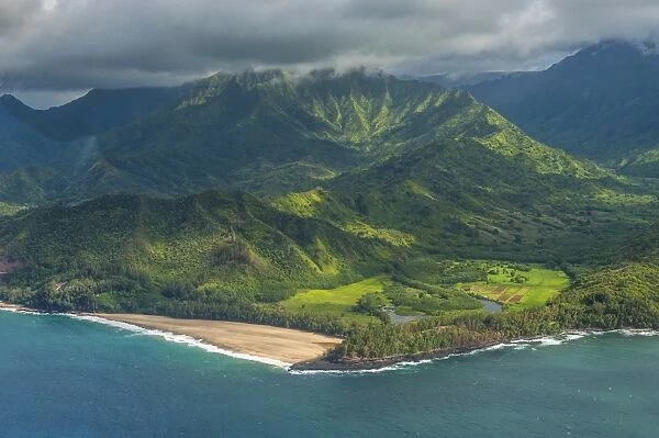 Aerial of the north shore of the island of Kauai, Hawaii, United States of America, Pacific