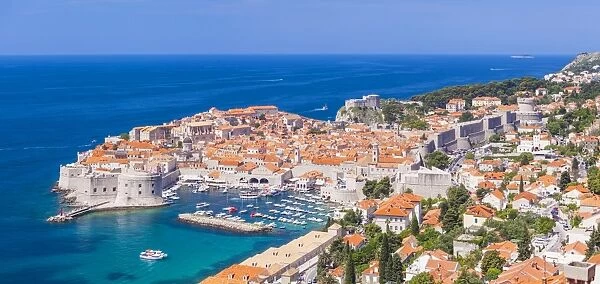 Aerial panorama of Old Port and Dubrovnik Old town, UNESCO World Heritage Site, Dubrovnik