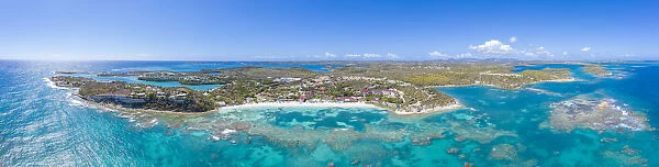 Aerial panoramic by drone of the coral reef around Long Bay, Antigua, Antigua and Barbuda