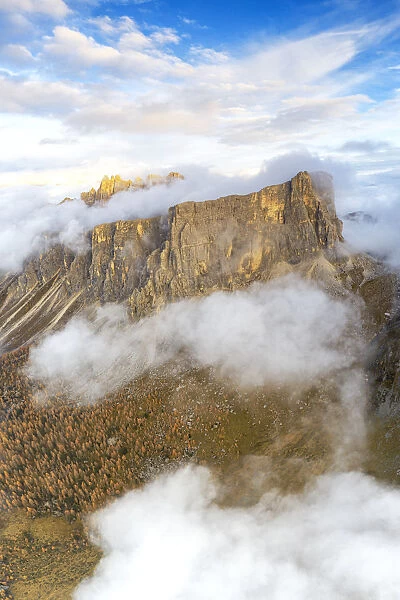 Aerial panoramic by drone of Lastoi De Formin and Cima Ambrizzola at sunset in autumn