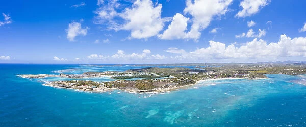 Aerial panoramicby drone of Long Bay, Devils Bridge and The Verandah resort, Antigua