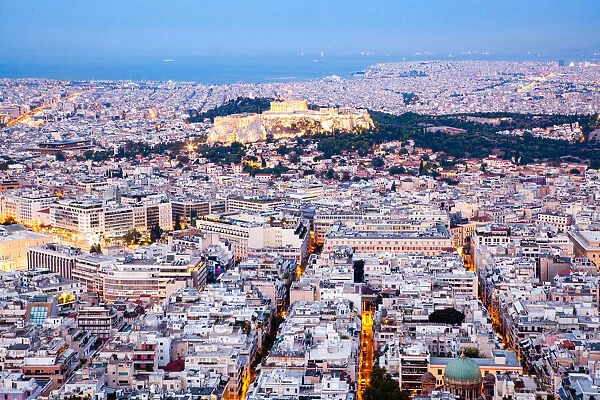 Aerial view of the Acropolis and the city of Athens, Attica, Greece, Europe