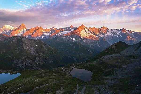 Aerial view of Fenetre lakes and the massif of Mount Blanc at sunrise, Ferret valley, Valais canton, Col du Grand-Saint-Bernard (St. Bernard mountain pass), Switzerland, Europe