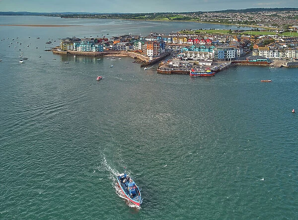 Aerial view of the mouth of the River Exe, looking towards the town of Exmouth, Devon, England, United Kingdom, Europe