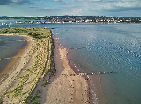 Aerial view of the mouth of the River Exe, seen from above Dawlish Warren and looking towards the town of Exmouth, Devon, England, United Kingdom, Europe