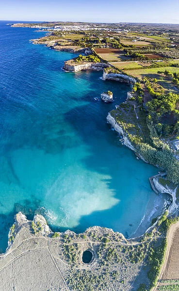 Aerial view of the open grotto known as Grotta Sfondata on cliffs along the coastline