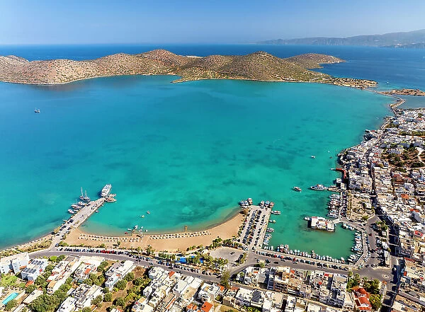 Aerial view of the popular high-end tourist town of Elounda, Crete, Greek Islands, Greece, Europe