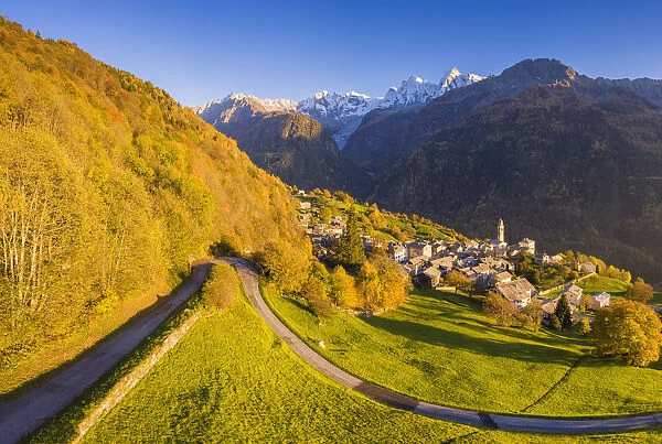 Aerial view of Soglio in autumn, Soglio, Bregaglia valley, Graubunden, Switzerland