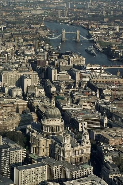 Aerial view of St. Pauls Cathedral, Tower Bridge and the River Thames, London