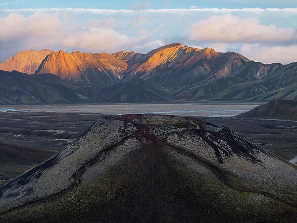 Aerial view taken by drone of little volcano in Landmannalaugar area on a summer day, Iceland, Polar Regions