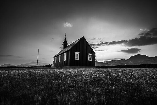A black church known as Buoakirkja, in the Snaefellsnes peninsula, Budir, Iceland, Polar Regions