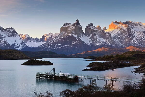 Boat dock and Paine mountains at sunset, Torres del Paine National Park, Patagonia, Chile, South America