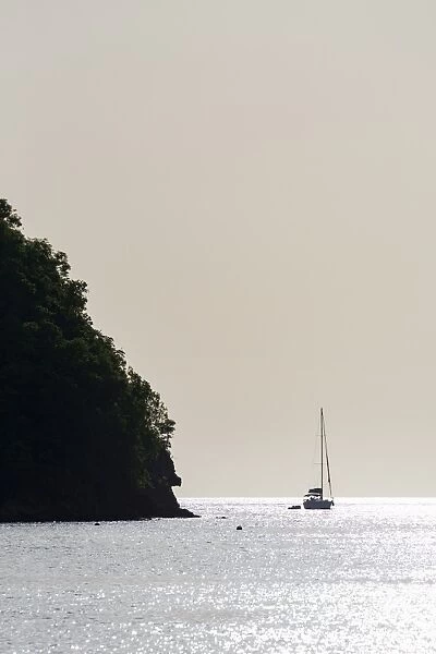Boat moored off Marigot Bay at sunset, St. Lucia, Windward Islands, West Indies Caribbean
