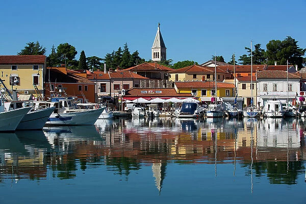 Boats, Marina, Novigrad Port, Tower of St. Pelagius Church in the background, Old Town, Novigrad, Croatia, Europe