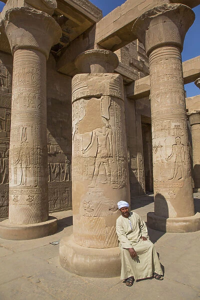 Caretaker, Columns with Reliefs, Temple of Sobek and Haroeris, Kom Ombo, Egypt