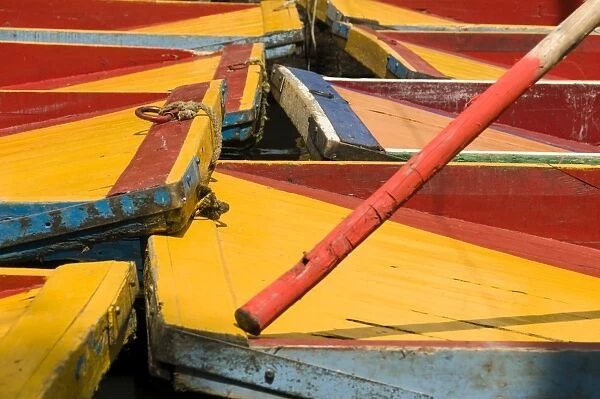 Close up of the colourful wooden boats at the Floating Gardens in Xochimilco, UNESCO World Heritage Site, Mexico City, Mexico, North America