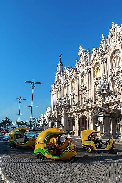 Coco taxis in front of the Theatre of Havana, Cuba, West Indies, Central America