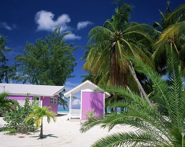 Colourful beach hut beneath palm trees, Rum Point, Grand Cayman, Cayman Islands
