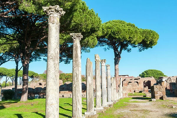 Columns of Theater, Ostia Antica archaeological site, Ostia, Rome province, Latium (Lazio), Italy, Europe
