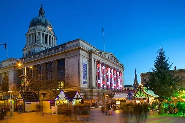 Council House and Christmas Market, Market Square, Nottingham, Nottinghamshire, England, United Kingdom, Europe