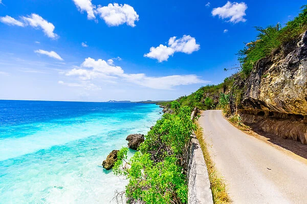 Crystal clear blue ocean side driving along the road on Bonaire, Netherlands Antilles