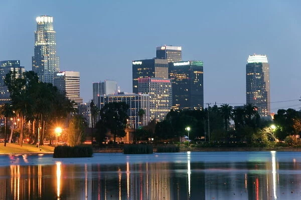 Downtown district skyscrapers located behind Echo Park Lake