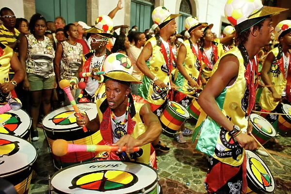 Drum band Olodum performing in Pelourinho during carnival, Bahia, Brazil, South America