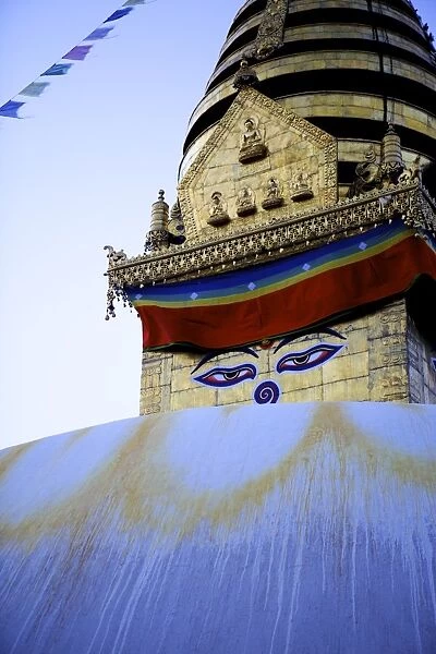 Dusk at the Buddhist stupa of Swayambu (Monkey Temple) (Swayambhunath), UNESCO World Heritage Site, Kathmandu, Nepal, Asia