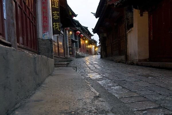 Early morning cobbled street, Lijiang old town, UNESCO World Heritage Site