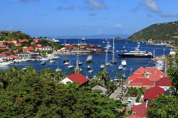 Elevated view of Fort Oscar, Anglican church and yachts in harbour, Gustavia, St. Barthelemy (St. Barts) (St. Barth), West Indies, Caribbean, Central America