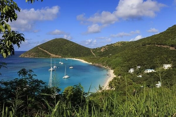 Elevated view of White Bay beaches and yachts, Jost Van Dyke, British Virgin Islands, West Indies, Caribbean, Central America
