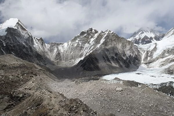 Everest Base Camp at 5350m seen here as a scattering of tents in the distance at