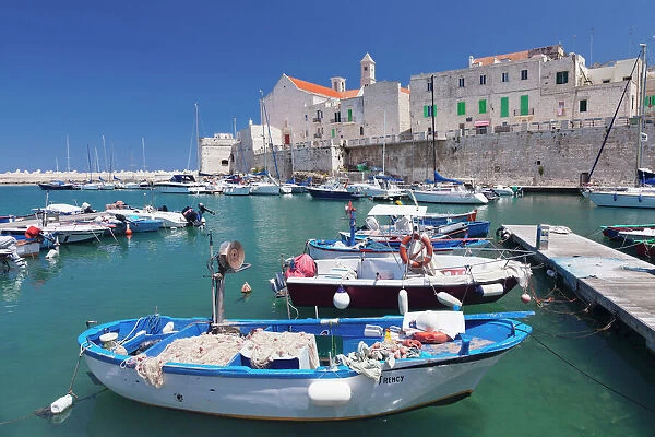 Fishing boats at the harbour, old town with cathedral, Giovinazzo, Bari district