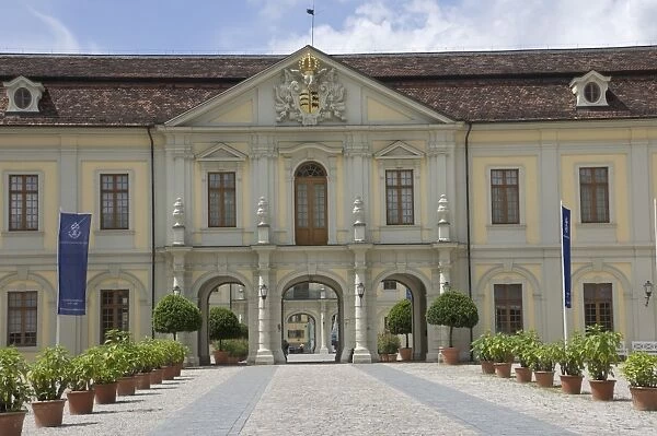 The gateway to the inner courtyard, the 18th century Baroque Residenzschloss, inspired by Versailles Palace, Ludwigsburg, Baden Wurttemburg, Germany, Europe