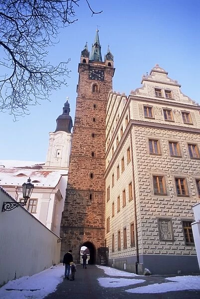 Gothic Black Tower dating from 1557 and rear of Renaissance Town Hall with neo-Renaissance facade by architect Josef Fanta from 1925, Klatovy, Plzensko, Czech