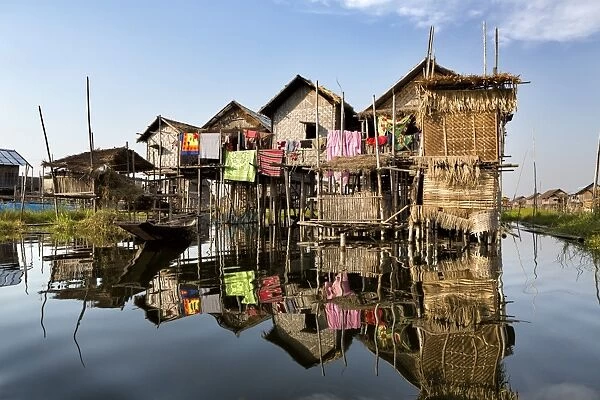 Houses built on stilts in the village of Nampan on the edge of Inle Lake, Myanmar (Burma), Southeast Asia