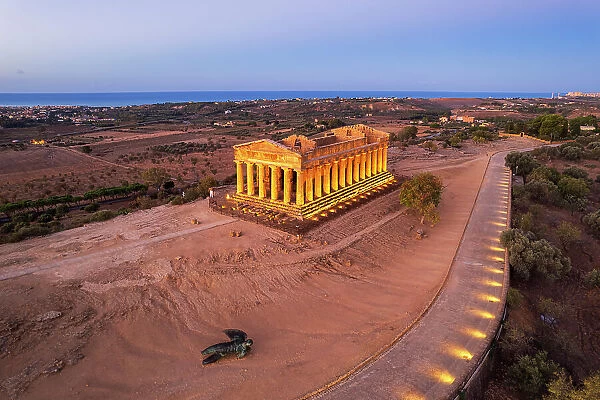 Illuminated Concordia Greek Temple seen from above at dawn, Valley of the Temples, UNESCO World Heritage Site, Agrigento, Sicily, Italy, Mediterranean, Europe