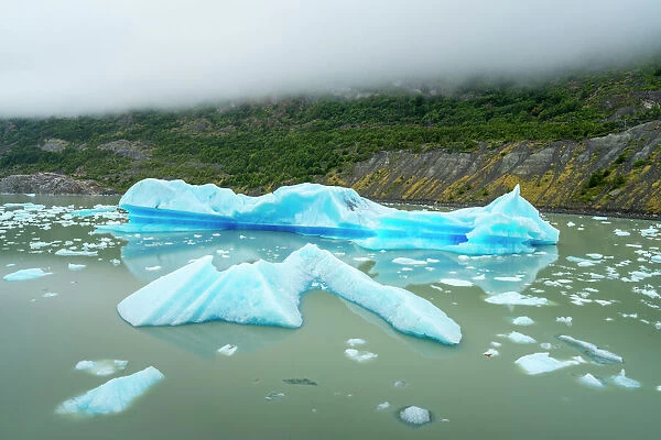 Large chunks of ice broken off Glaciar Grey floating in Lago Grey, Torres del Paine National Park, Patagonia, Chile, South America
