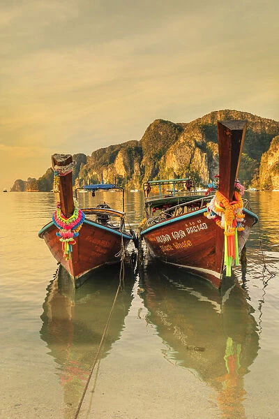 Longtail boats at sunrise, Ko Phi Khi Don Island, Krabi, Thailand, Southeast Asia, Asia