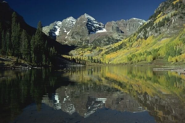 Maroon Bells reflected in lake, near Aspen, Colorado, United States of America