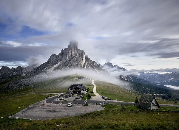 Morning fog, long exposure, at Passo Giau with the Ra Gusela mountain in the mist, Cortina d Ampezzo, Dolomites, Italy, Europe