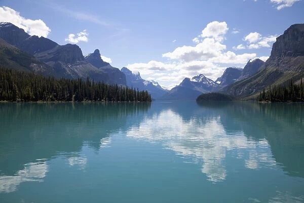 Mountains reflected in Maligne Lake, Jasper National Park, UNESCO World Heritage Site