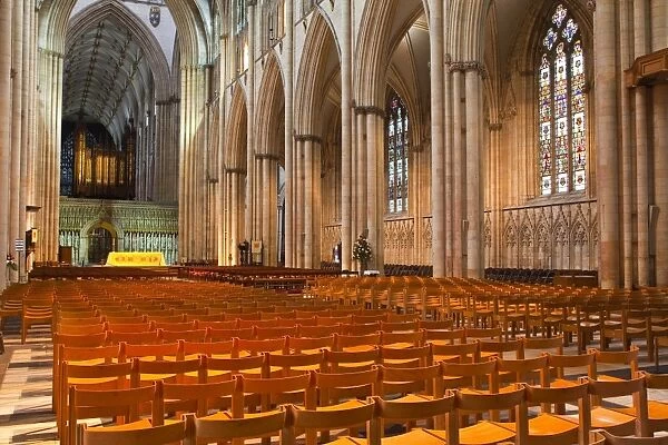 The nave of York Minster, one of the finest examples of Gothic architecture in Europe, York, Yorkshire, England, United Kingdom, Europe