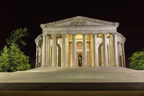 A night view of the Thomas Jefferson Memorial, lit up at night in West Potomac Park, Washington, D. C. United States of America, North America