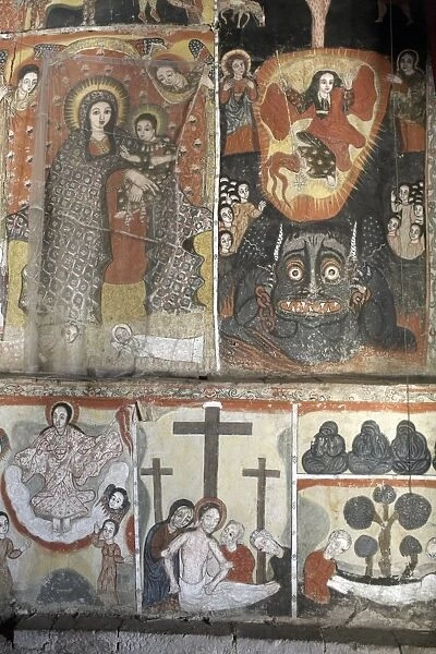 Paintings depict scenes from the Bible, on the inner sanctuary (maqdas) of the monastery of Kebran Gabriel, on Lake Tana