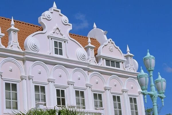 Pastel facade of mock Dutch colonial building, Oranjestad, Aruba, Antilles